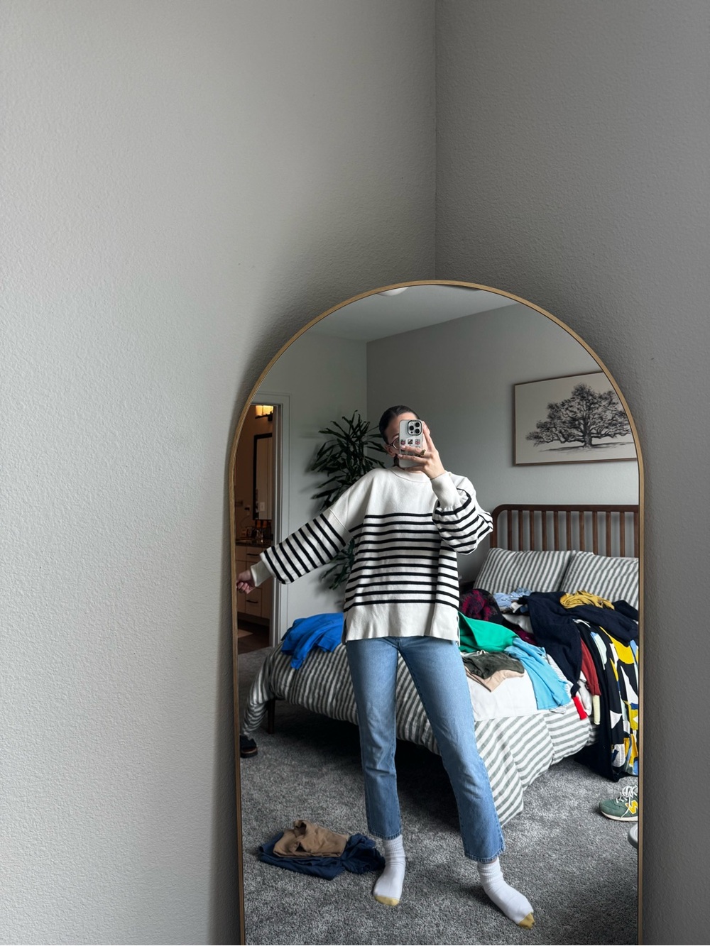 LOFT White and Black Striped Crewneck Sweater